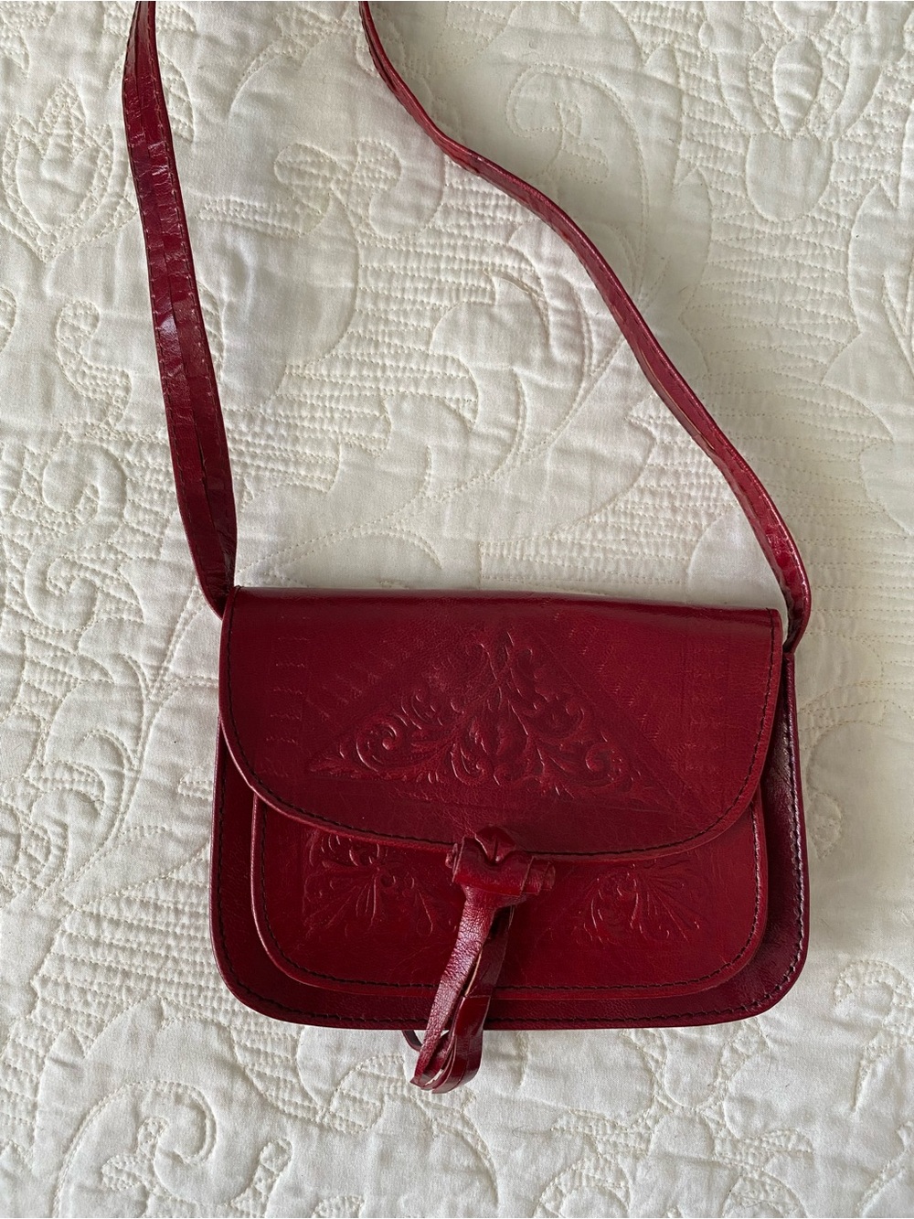 Vintage Hand-Tooled Red Genuine Leather Crossbody Bag